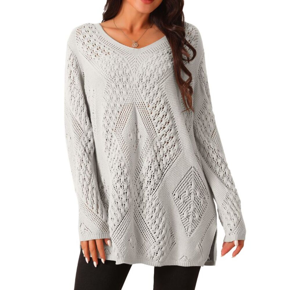 V Neck Long Sleeve Hollow Cable Knit Loose Casual Pullover Sweaters Gray